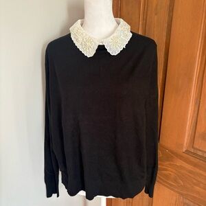 NEW Sioni Milano Large Black Sweater Embellished Jewel Gem Lace Peter Pan Collar